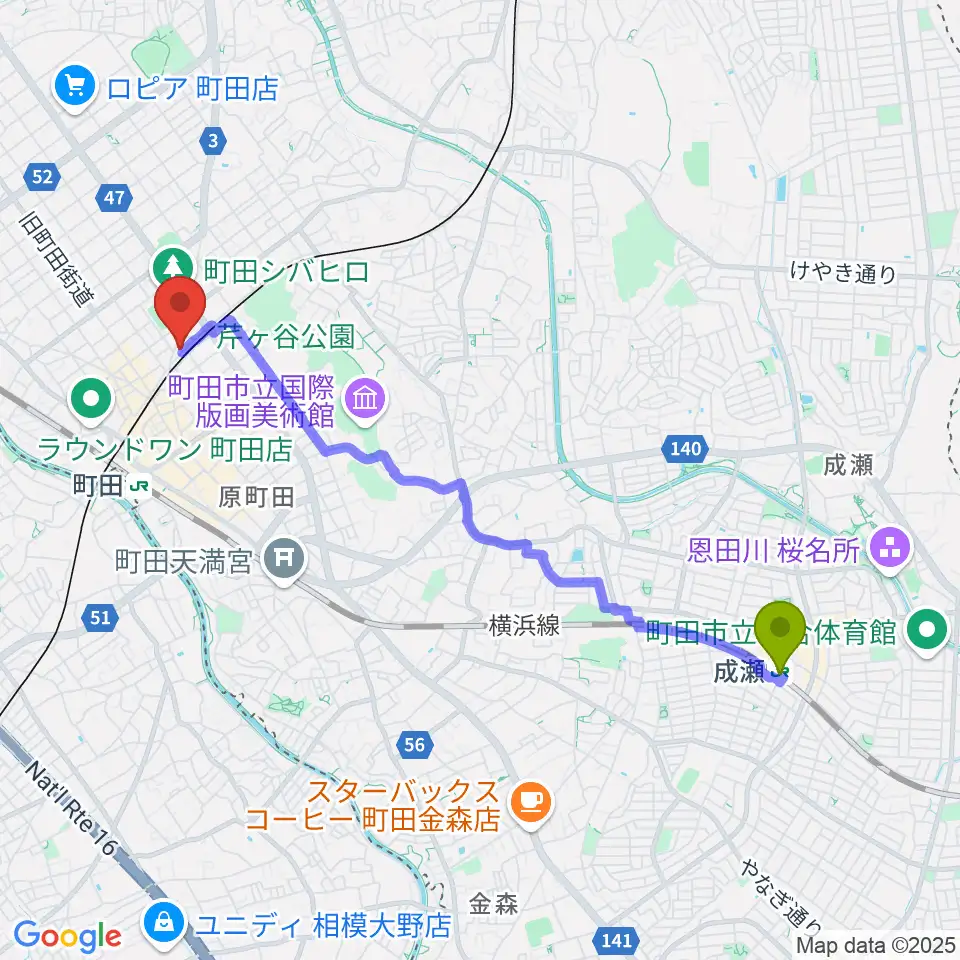 成瀬駅から町田The Play Houseへのルートマップ地図