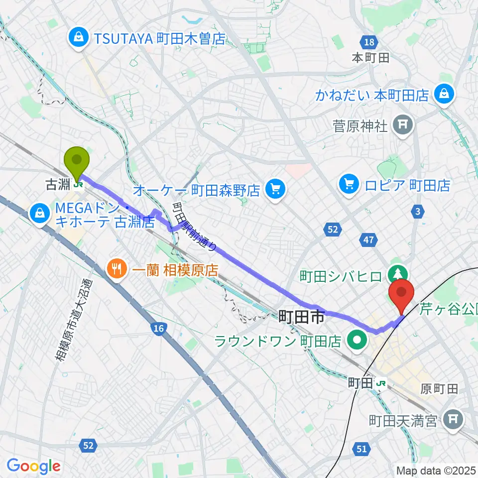 古淵駅から町田The Play Houseへのルートマップ地図