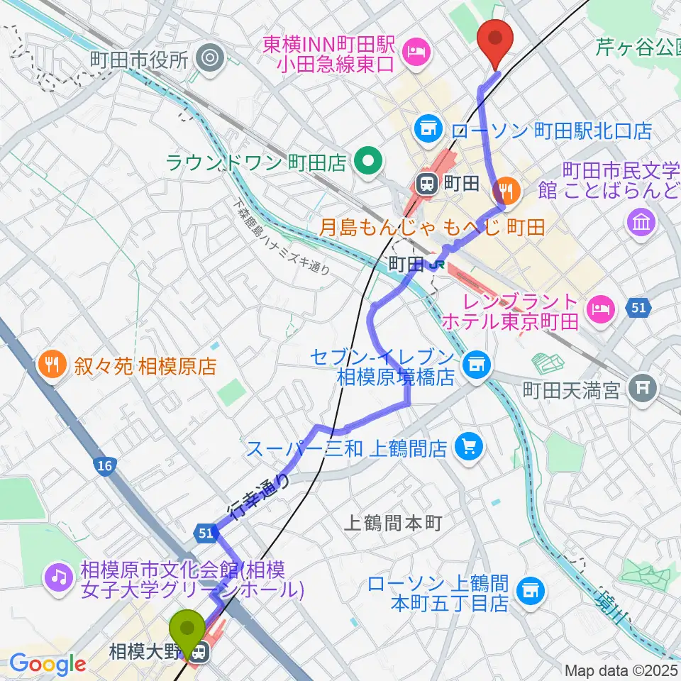 相模大野駅から町田The Play Houseへのルートマップ地図