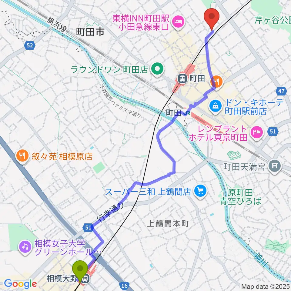 相模大野駅から町田The Play Houseへのルートマップ地図