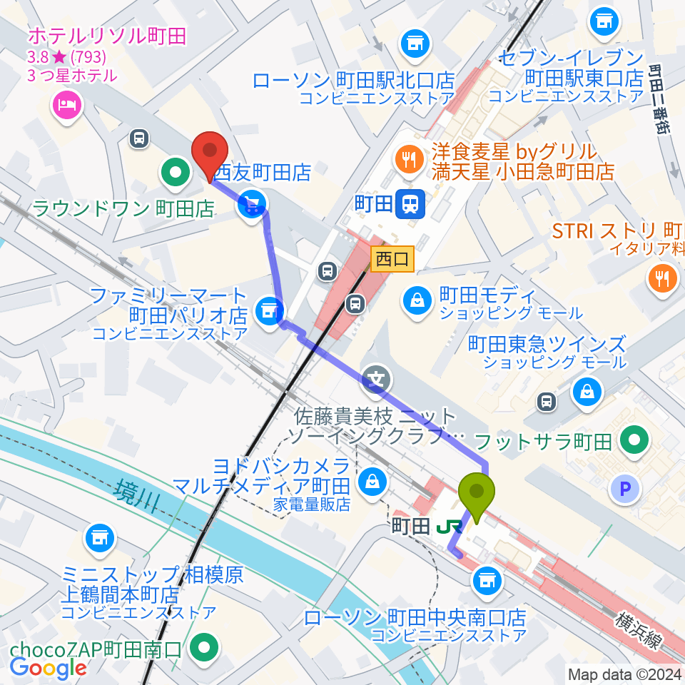 町田ニカズの最寄駅町田駅からの徒歩ルート（約5分）地図