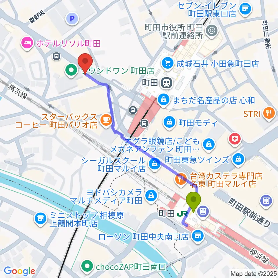 町田ニカズの最寄駅町田駅からの徒歩ルート（約5分）地図