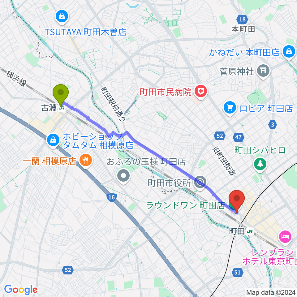 古淵駅から町田ニカズへのルートマップ地図