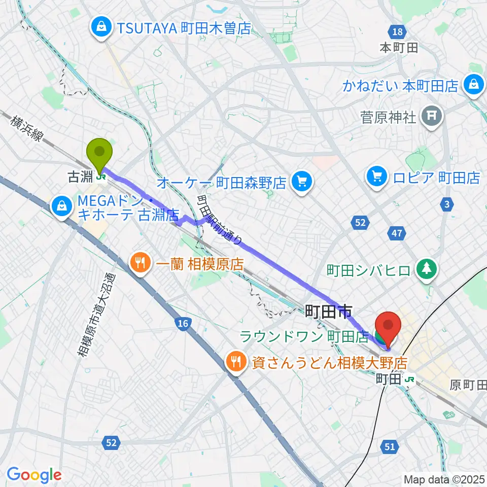 古淵駅から町田ニカズへのルートマップ地図