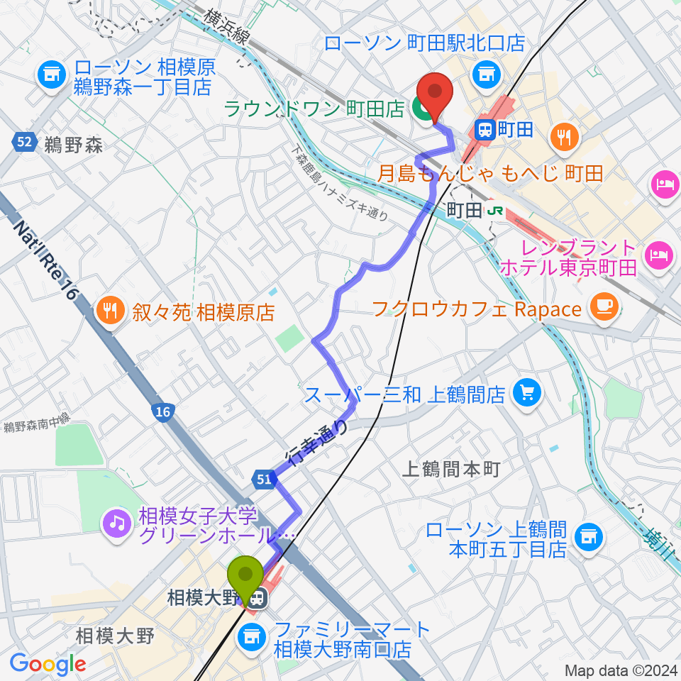 相模大野駅から町田ニカズへのルートマップ地図