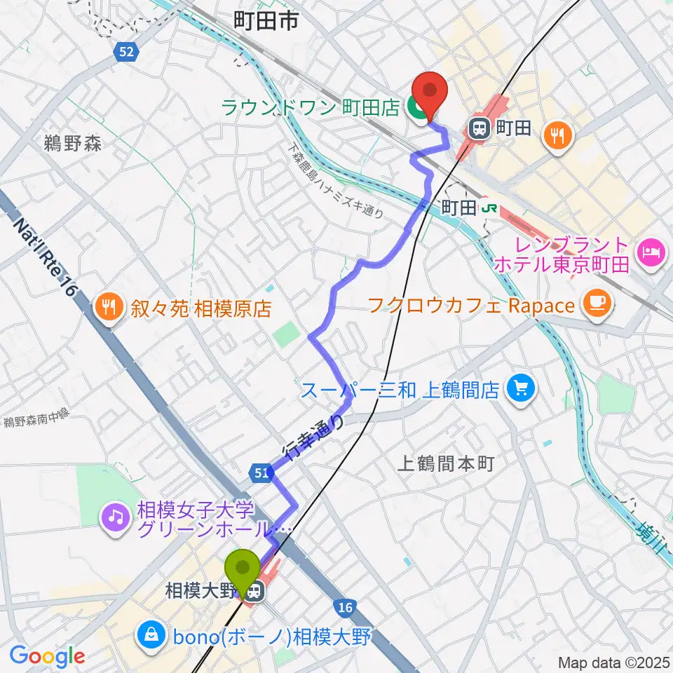 相模大野駅から町田ニカズへのルートマップ地図