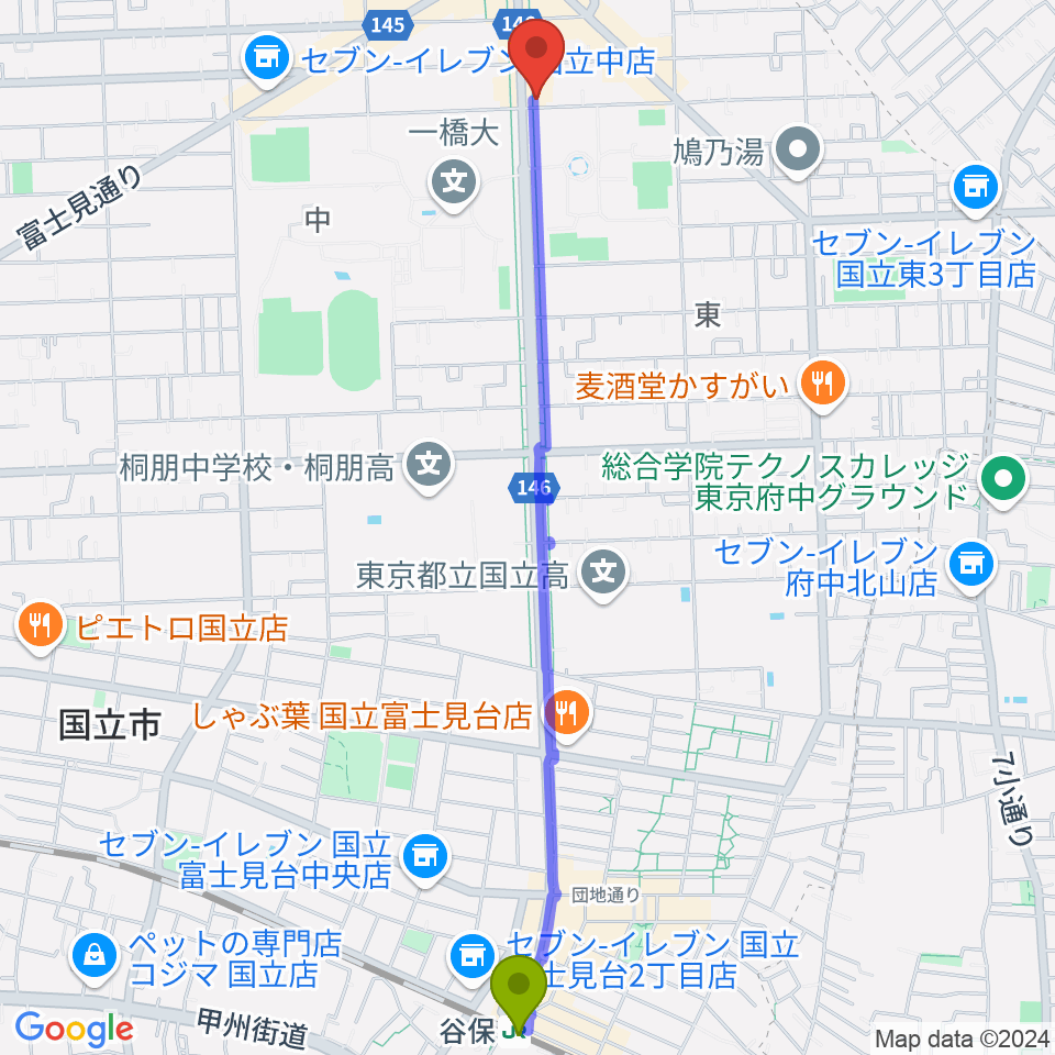 谷保駅から国立 地球屋へのルートマップ地図