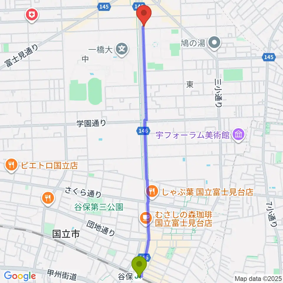 谷保駅から国立 地球屋へのルートマップ地図