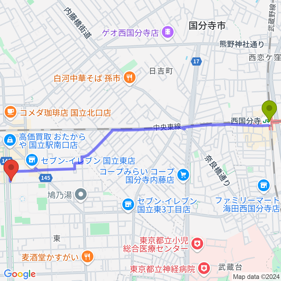 西国分寺駅から国立 地球屋へのルートマップ地図