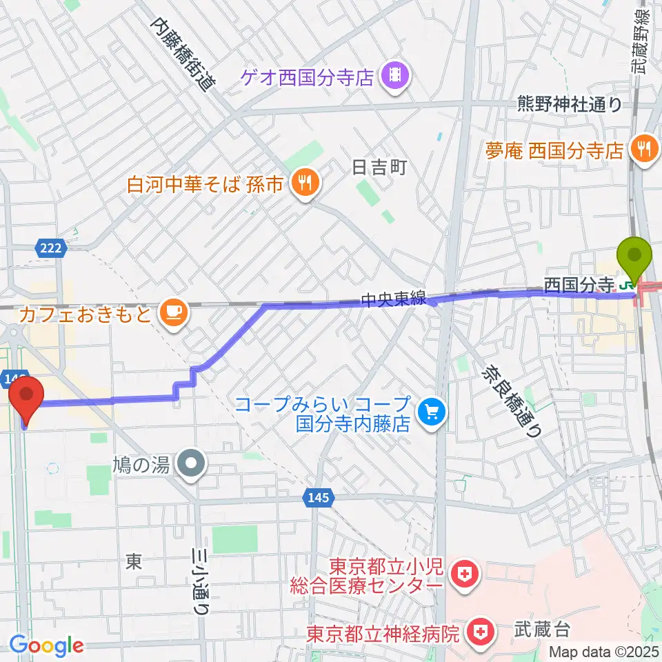 西国分寺駅から国立 地球屋へのルートマップ地図