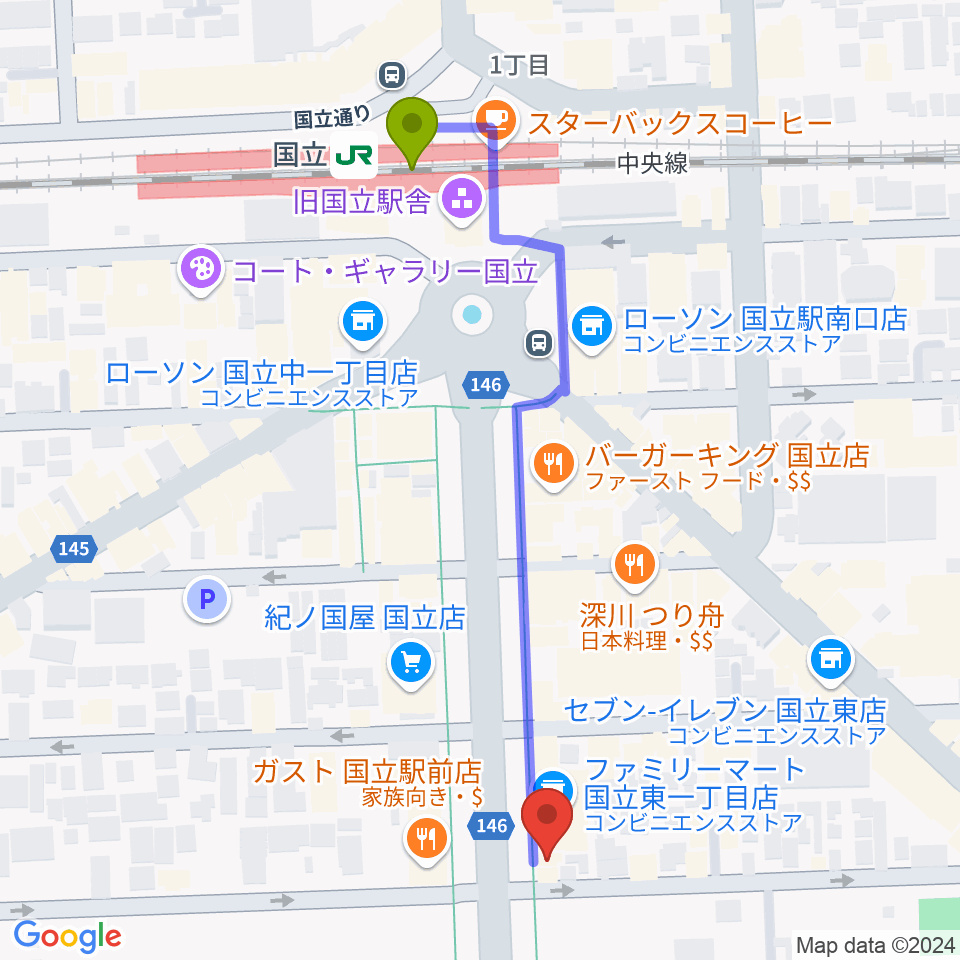 国立 地球屋の最寄駅国立駅からの徒歩ルート（約6分）地図