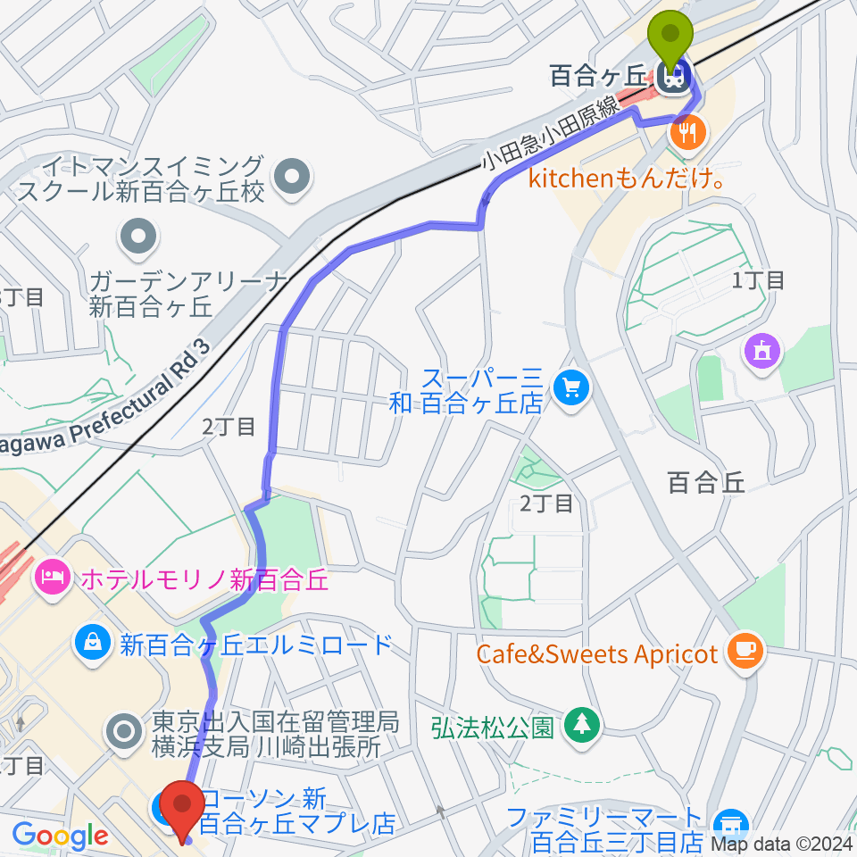 百合ヶ丘駅から新百合ヶ丘チットチャットへのルートマップ地図