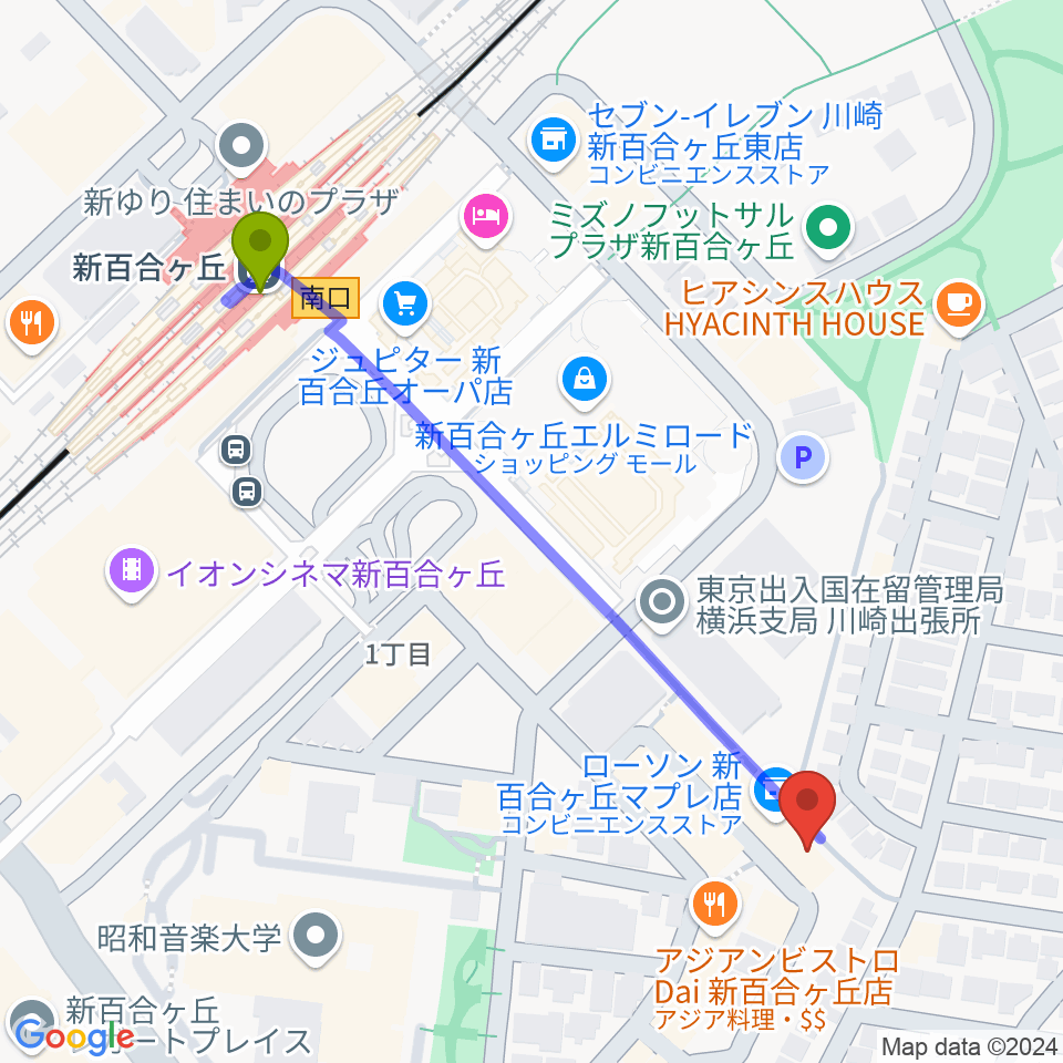 新百合ヶ丘チットチャットの最寄駅新百合ヶ丘駅からの徒歩ルート（約6分）地図