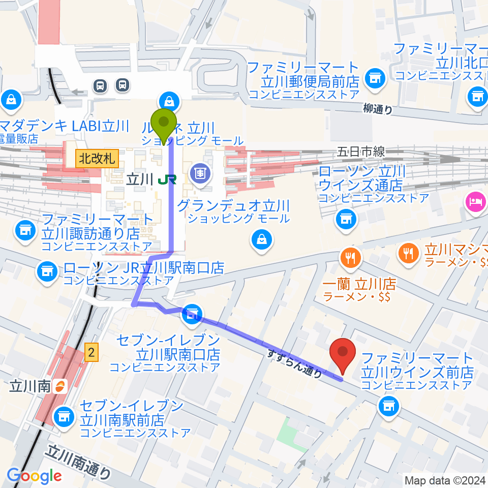 立川駅から立川BABELへのルートマップ地図