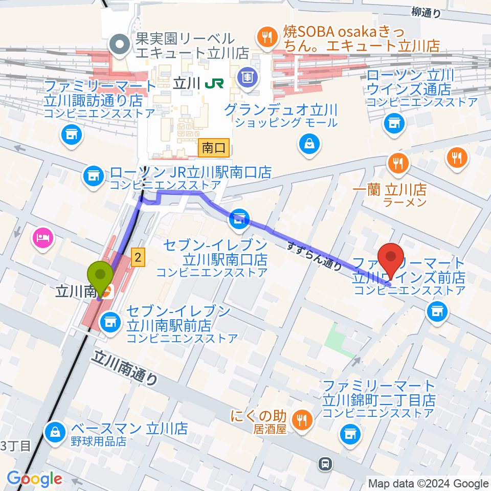 立川BABELの最寄駅立川南駅からの徒歩ルート（約5分）地図