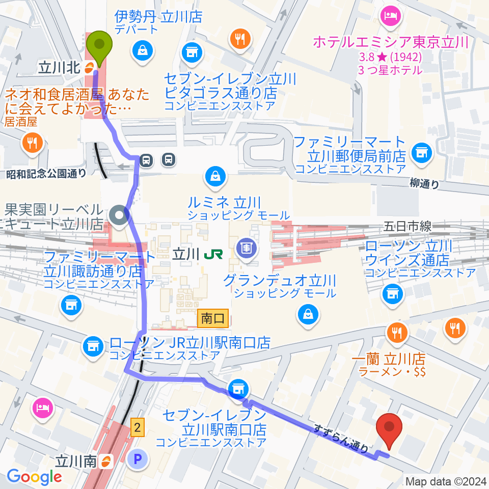 立川北駅から立川BABELへのルートマップ地図