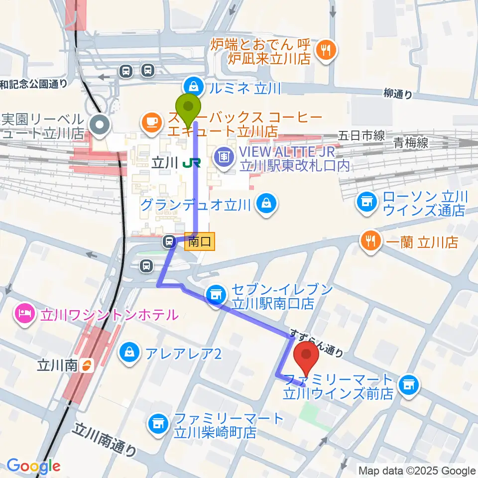 立川駅から立川Heart Beatへのルートマップ地図