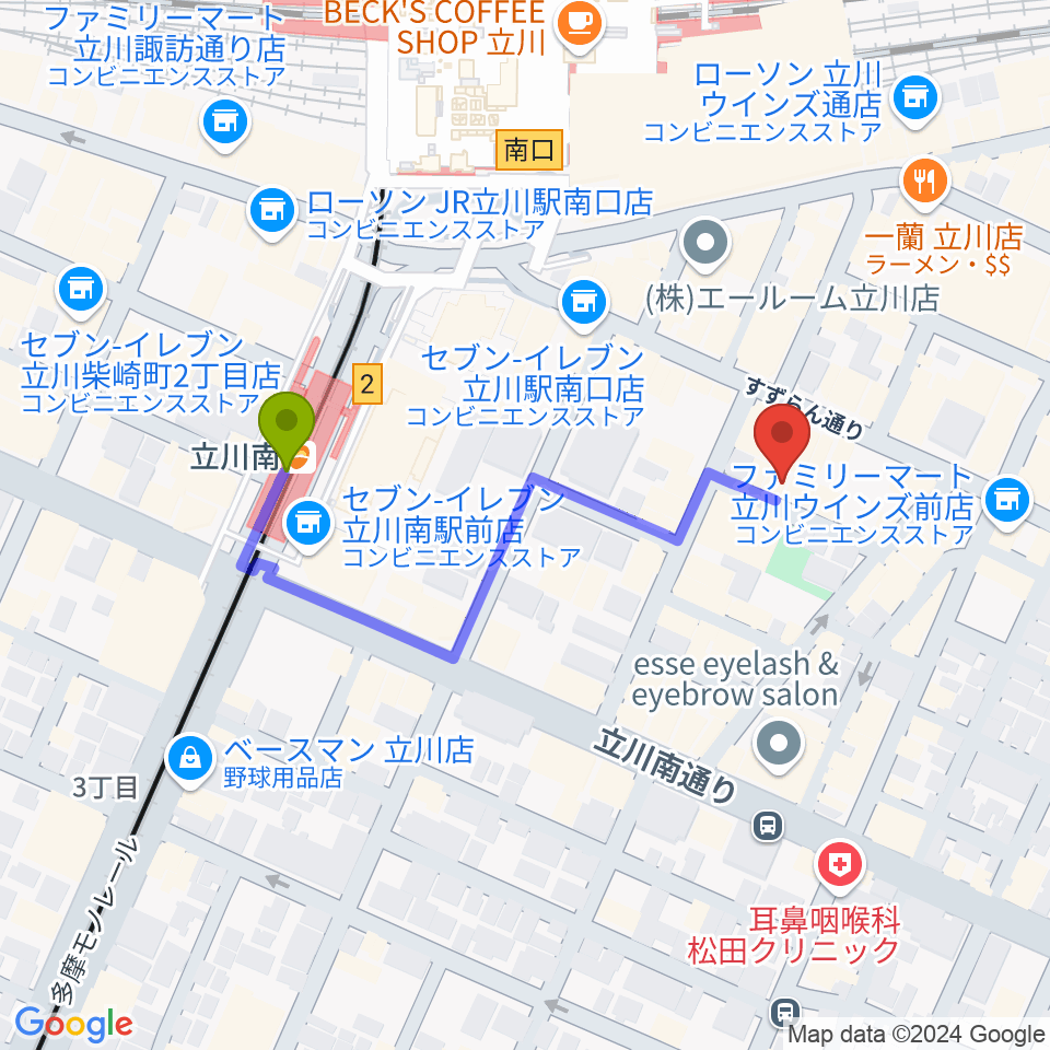 立川Heart Beatの最寄駅立川南駅からの徒歩ルート（約4分）地図