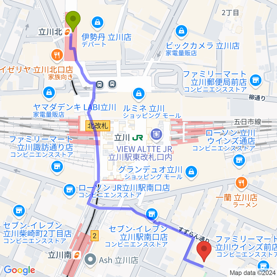 立川北駅から立川Heart Beatへのルートマップ地図