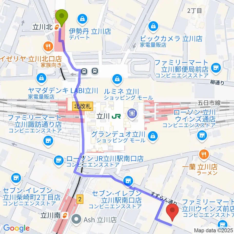 立川北駅から立川Heart Beatへのルートマップ地図