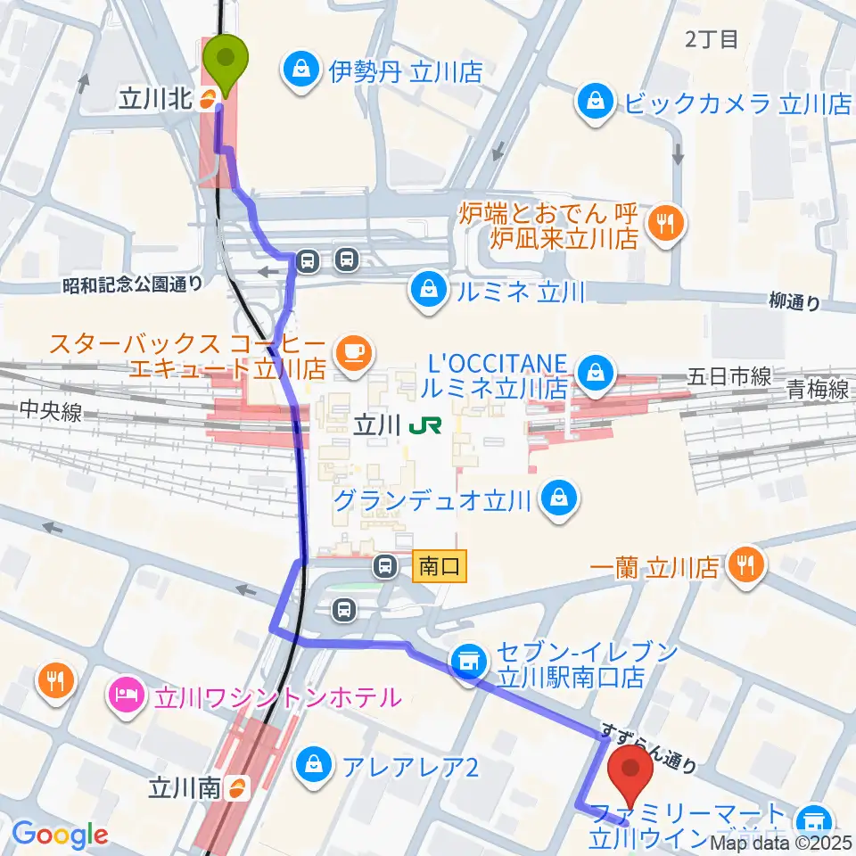 立川北駅から立川Heart Beatへのルートマップ地図