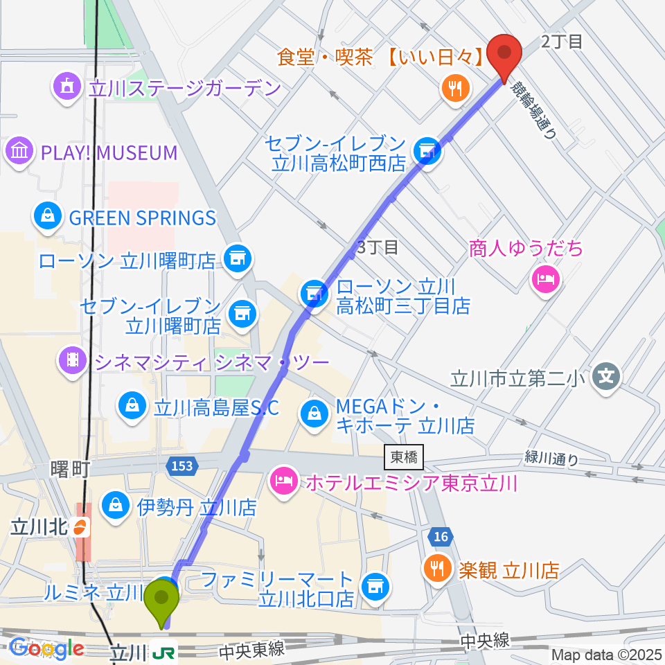 立川駅から立川CRAZY JAMへのルートマップ地図