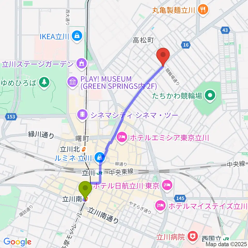 立川南駅から立川CRAZY JAMへのルートマップ地図