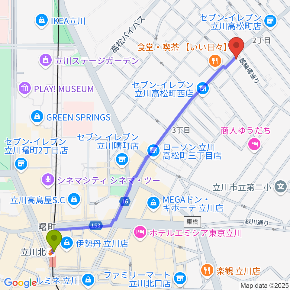 立川北駅から立川CRAZY JAMへのルートマップ地図