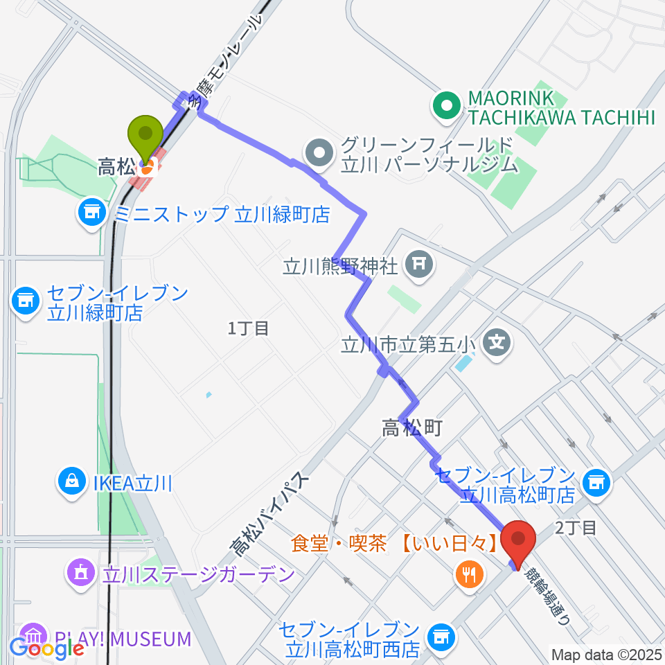 立川CRAZY JAMの最寄駅高松駅からの徒歩ルート（約13分）地図