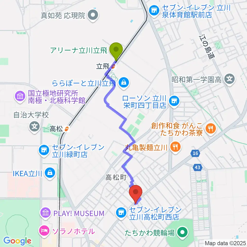 立飛駅から立川CRAZY JAMへのルートマップ地図