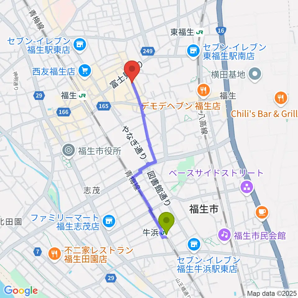 牛浜駅から福生チキンシャックへのルートマップ地図