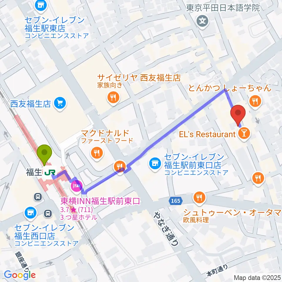 福生チキンシャックの最寄駅福生駅からの徒歩ルート（約5分）地図