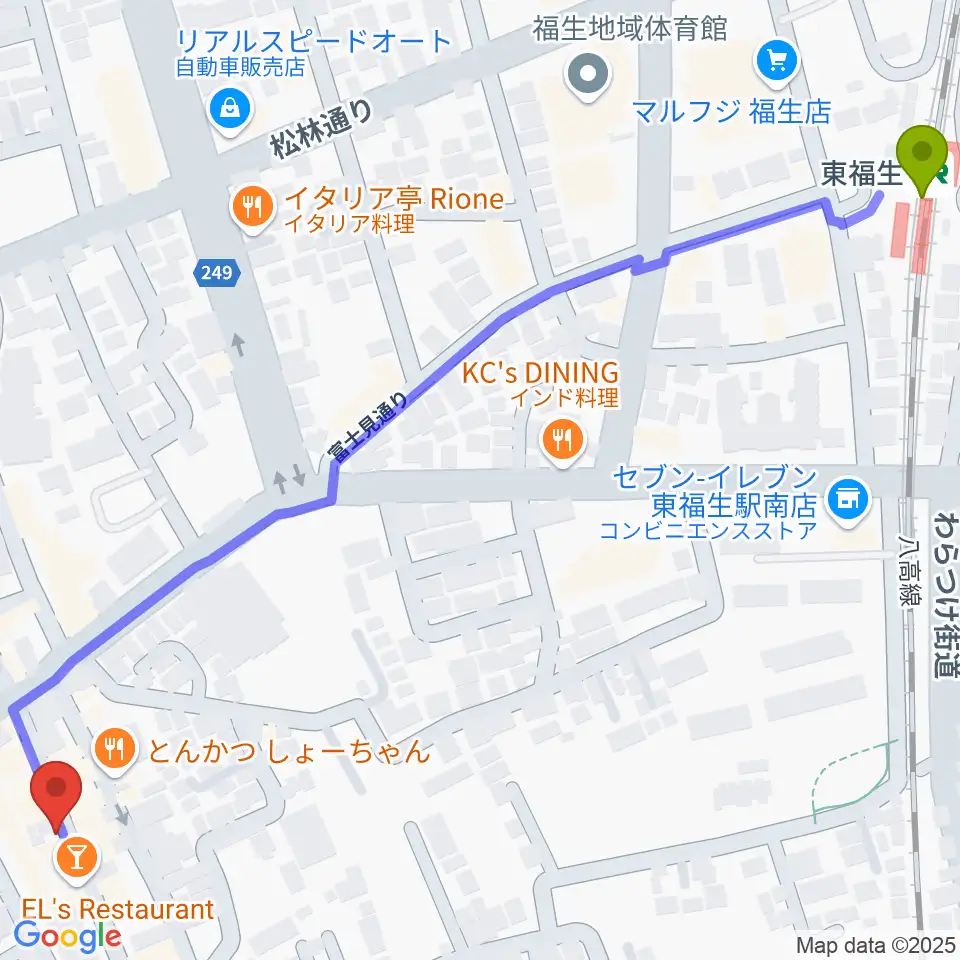 東福生駅から福生チキンシャックへのルートマップ地図