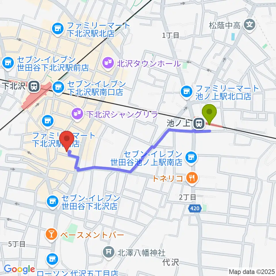 池ノ上駅から下北沢デイジーバーへのルートマップ地図