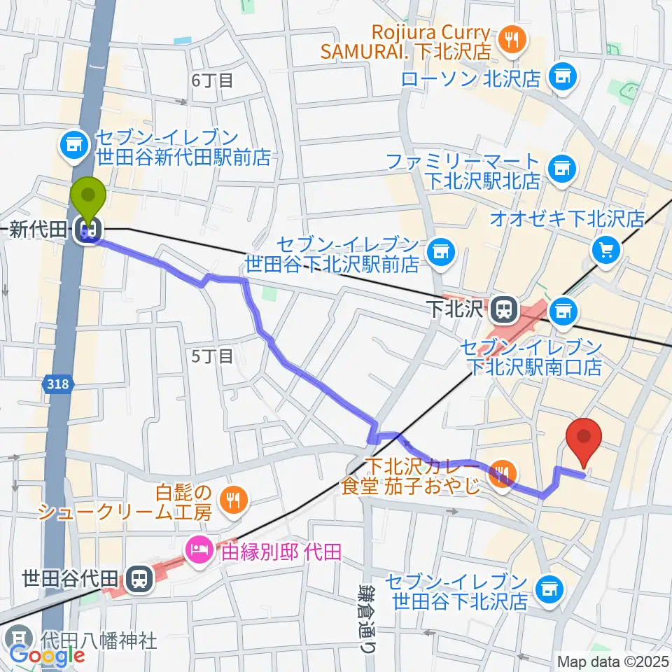 新代田駅から下北沢デイジーバーへのルートマップ地図