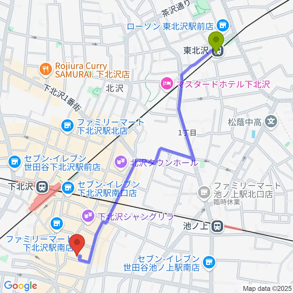 東北沢駅から下北沢デイジーバーへのルートマップ地図