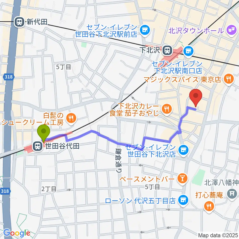 世田谷代田駅から下北沢デイジーバーへのルートマップ地図
