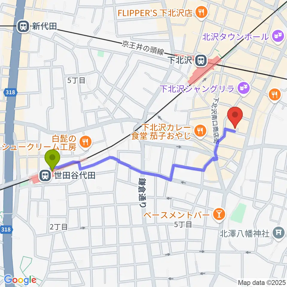 世田谷代田駅から下北沢デイジーバーへのルートマップ地図