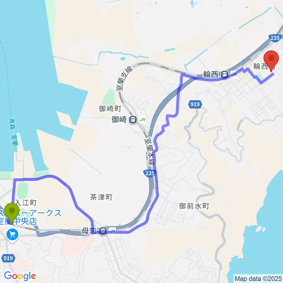 室蘭駅からわにホール室蘭市市民会館へのルートマップ地図