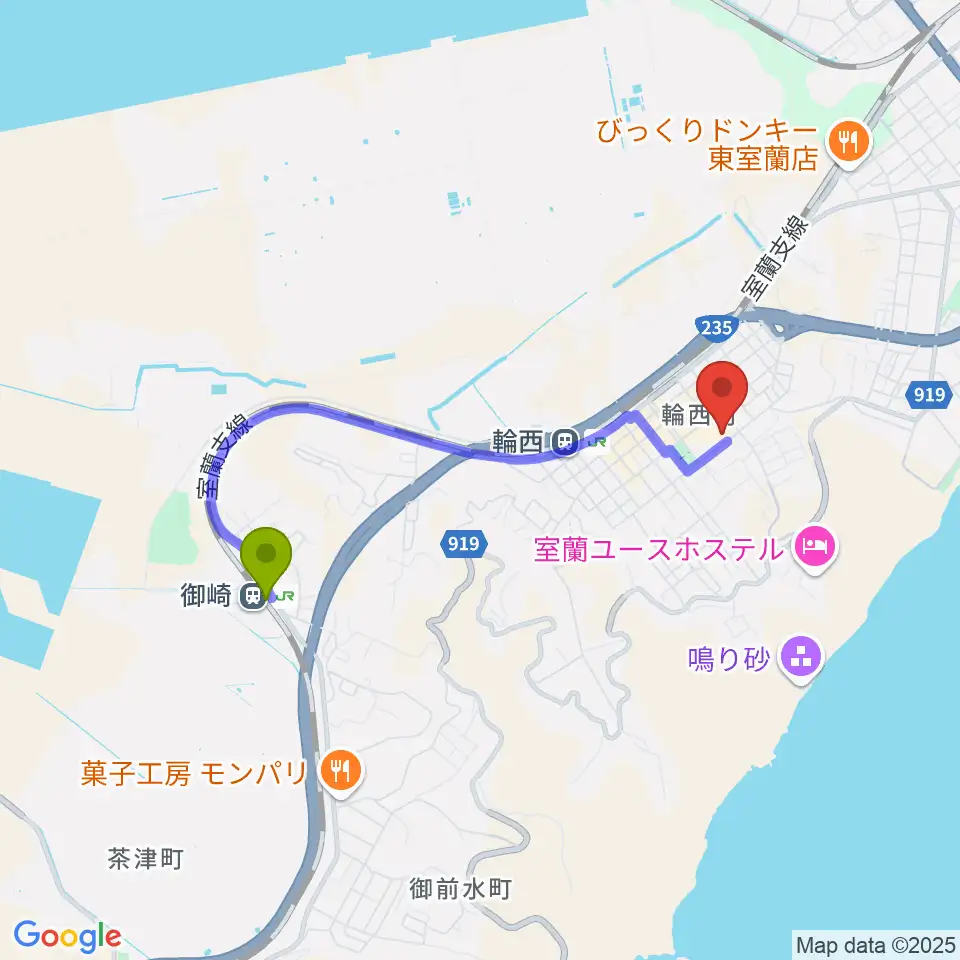 御崎駅からわにホール室蘭市市民会館へのルートマップ地図