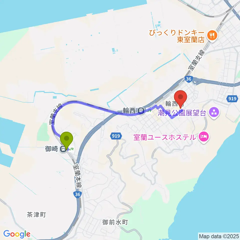 御崎駅からわにホール室蘭市市民会館へのルートマップ地図
