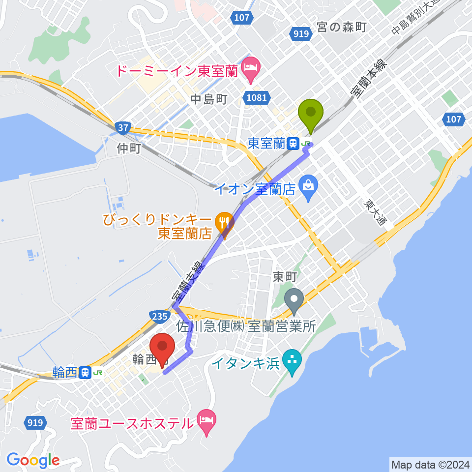東室蘭駅からわにホール室蘭市市民会館へのルートマップ地図