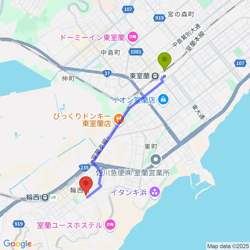 東室蘭駅からわにホール室蘭市市民会館へのルートマップ地図