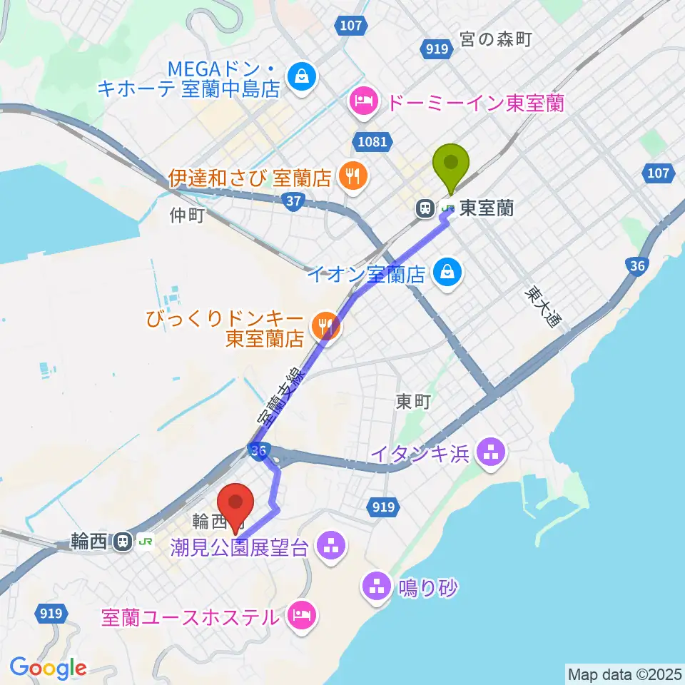 東室蘭駅からわにホール室蘭市市民会館へのルートマップ地図