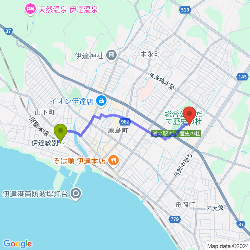 だて歴史の杜カルチャーセンターの最寄駅伊達紋別駅からの徒歩ルート（約29分）地図