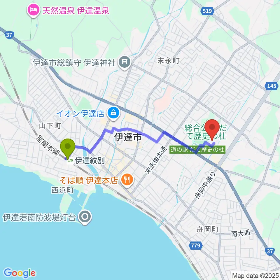 だて歴史の杜カルチャーセンターの最寄駅伊達紋別駅からの徒歩ルート（約29分）地図
