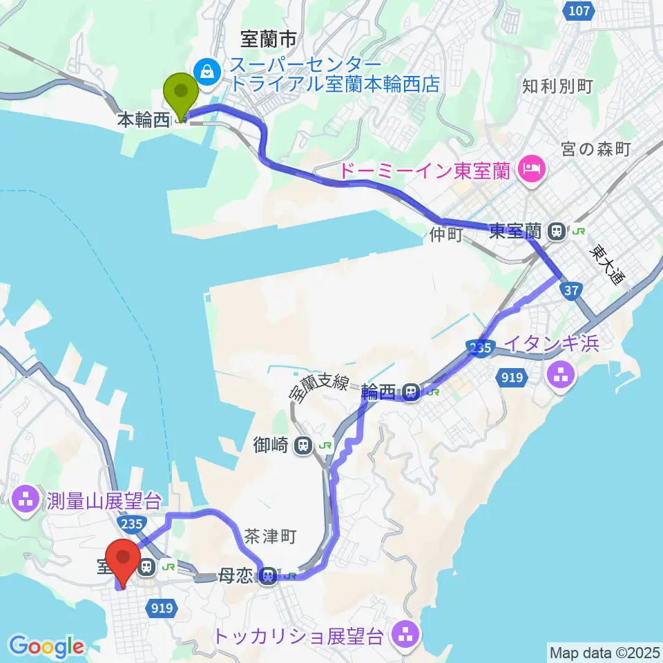 本輪西駅から室ガス文化センターへのルートマップ地図