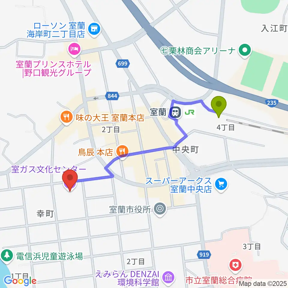 室ガス文化センターの最寄駅室蘭駅からの徒歩ルート（約8分）地図