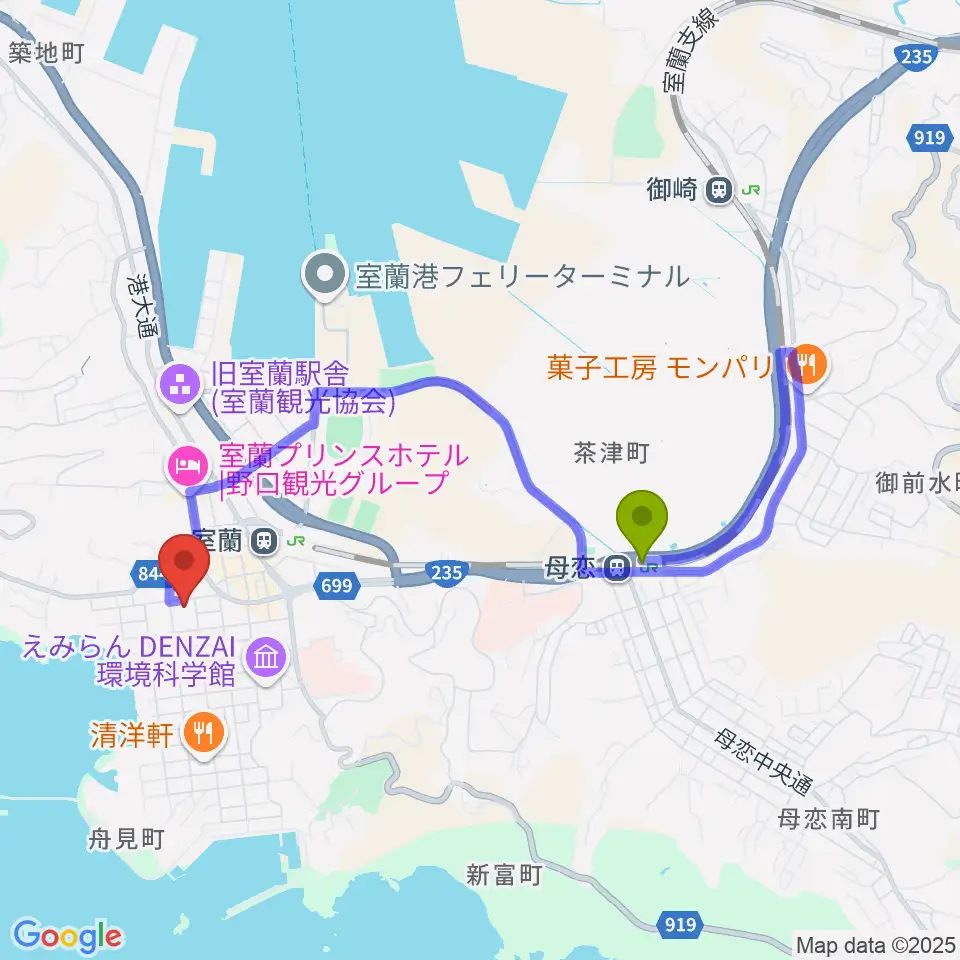 母恋駅から室ガス文化センターへのルートマップ地図