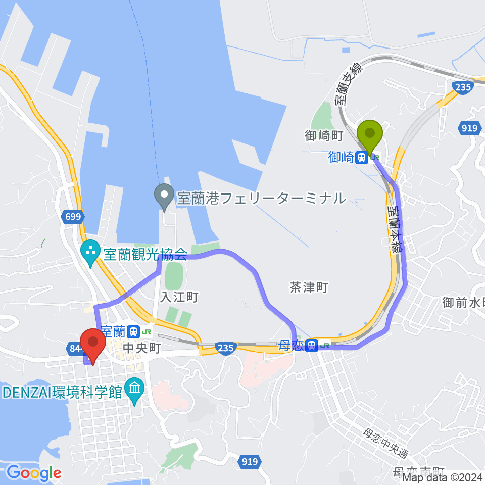 御崎駅から室ガス文化センターへのルートマップ地図